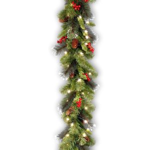 9' X 10 Crestwood Spruce Garland With Silver Bristle, Cones, Red Berries And Glitter With 50 Clear Lights-