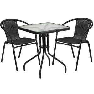23.5'' Square Glass Metal Table With 2 Black Rattan Stack Chairs