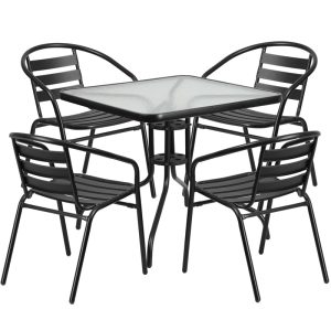 31.5'' Square Glass Metal Table With 4 Black Metal Aluminum Slat Stack Chairs