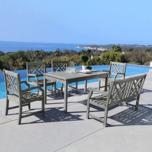 V1297SET19 Bradley Eco-friendly 6-piece Outdoor White Hardwood Dining Set with Oval Extension Table, 4-foot Bench and Arm Chairs