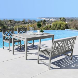V1297SET20 Renaissance Eco-friendly 4-piece Outdoor Hand-scraped Hardwood Dining Set with Rectangle Table, 4-foot Bench and Arm Chairs