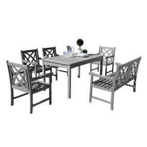 V1297SET21 Renaissance Eco-friendly 6-piece Outdoor Hand-scraped Hardwood Dining Set with Rectangle Table, 4-foot Bench and Arm Chairs