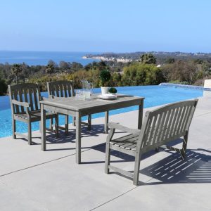 V1297SET22 Renaissance Eco-friendly 4-piece Outdoor Hand-scraped Hardwood Dining Set with Rectangle Table, 4-foot Bench and Arm Chairs