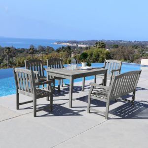 V1297SET23 Renaissance Eco-friendly 6-piece Outdoor Hand-scraped Hardwood Dining Set with Rectangle Table, 4-foot Bench and Arm Chairs