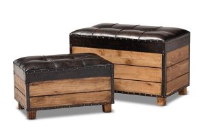 Baxton Studio Marelli Rustic Dark Brown Faux Leather Upholstered 2-Piece Wood Storage Trunk Ottoman Set Of 2