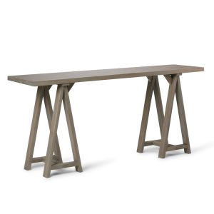Sawhorse Solid Wood 66 Inch Wide Modern Industrial Wide Console Sofa Table In Distressed Grey