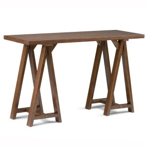 Sawhorse Solid Wood 50 Inch Wide Modern Industrial Console Sofa Table In Medium Saddle Brown