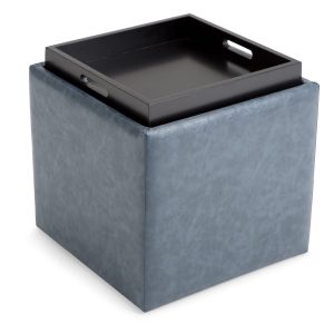 Rockwood 17 Inch Wide Contemporary Square Cube Storage Ottoman With Tray In Denim Blue Faux Leather