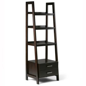 Sawhorse Solid Wood 72 Inch X 24 Inch Modern Industrial Ladder Shelf With Storage In Dark Chestnut Brown