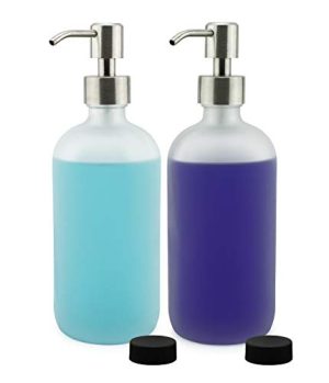 Cornucopia Brands Frosted Glass Soap Dispenser w/Stainless Steel Pumps (White Frosted, 16-Ounce, 2-Pack); Boston Round Bottles w/Lotion Pump Tops and Caps