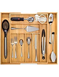 Bamboo Expandable Drawer Organizer, Premium Cutlery and Utensil Tray, 100% Pure Bamboo, Adjustable Kitchen Drawer Divider ... (7 Compartments Expandable)