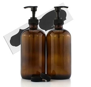 Cornucopia Brands 16-Ounce Amber Glass Bottles w/Pump Dispensers (2-Pack); Refillable Lotion Liquid Soap Pump Brown Bottles + Chalk Labels & Lids, BPA-Free Plastic Tops