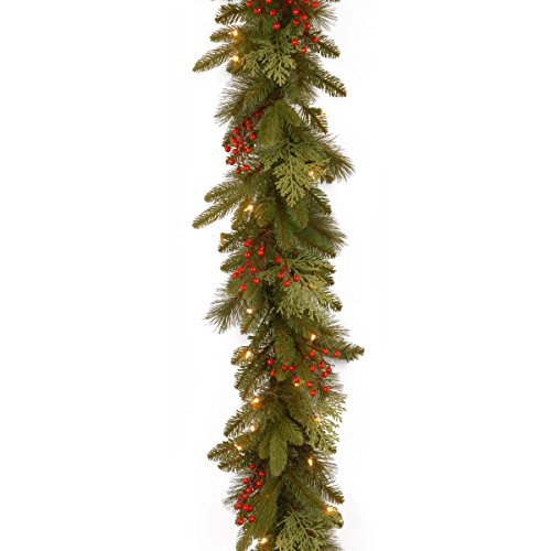 9' x 12 Feel Real(R)Classical Collection Garland with Red Berries, Cedar Leaves & 100 Clear Lights
