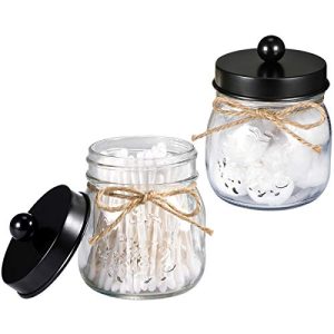 Mason Jar Bathroom Vanity Organizer - Farmhouse Decor Qtip Dispenser Holder Canister Glass - 8oz Mason Jars with Stainless Steel Lids for Q-tips,Cotton Swabs,Rounds,Bath Salts,Ball / Black,2-Pack