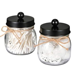 SheeChung Apothecary Jars Set,Mason Jar Decor Bathroom Vanity Storage Organizer Canister,Premium Quality Glass Qtip Holder Dispenser for Qtips,Cotton Swabs,Ball - Stainless Steel Lid (Black, 2-Pack)