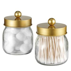 SheeChung Mason Jar Bathroom Apothecary Jars - Qtip Holder Canister Gold Bathroom Accessories Vanity Storage Organizer Glass for Qtips,Cotton Swabs,Ball,flossers,Hair Bands/Gold (2 Pack)