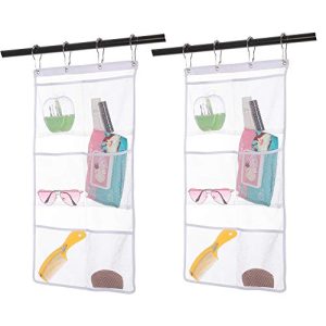 2 Pack Hanging Mesh Shower Caddy Organizer with 6 Pockets, Shower Curtain Rod/Liner Hooks Bathroom Wall Door Organization, Dorm Space Saving, Bathroom Accessories, Bath Toy Organizer Kids with 4 Rings