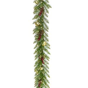 9'x 10 Glittery Gold Dunhill Fir Garland w/ Red Berries, Gold Edged Cones, Gold Ornaments & Warm White Battery Operated LED Lights w/Timer