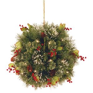 16 Wintry Pine Collection Kissing Ball with Cones, Red Berries, Snowflakes & 35 Warm White Battery Operated LEDs