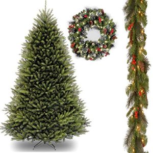 10' Dunhill Fir Tree with 9' x 10 Crestwood Spruce Garland includes Clear Lights and 24 Crestwood Spruce Wreath includes LED Lights