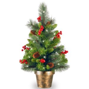 2' Crestwood Spruce Small Tree with Silver Bristle, Cones, Red Berries and Glitter in a Plastic Bronze Pot with 35 Battery Operated Clear LED Lights