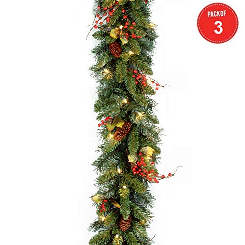 9' x10 Classical Collection Garland with Red Berries, Cones, Holly Leaves and 50 Clear Lights (Pack of 3)