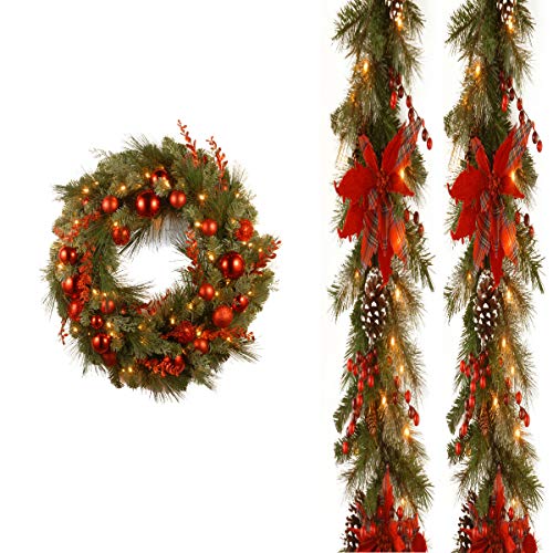 Pack of 2, 9'x12 Decorative Collection Christmas Red Mixed Garland with 24 Decorative Collection Christmas Red Mixed Wreaths includes LEDs