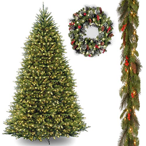 10' Dunhill Fir Hinged Tree with 9' x 10 Crestwood Spruce Garland includes Clear Lights and 24 Crestwood Spruce Wreath includes LED Lights