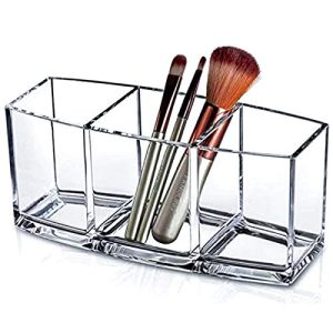 Clear Makeup Brush Holder Organizer | 3 Slot Acrylic Cosmetic Brushes Storage | Eyeliners Eyebrow Pencil Display Case