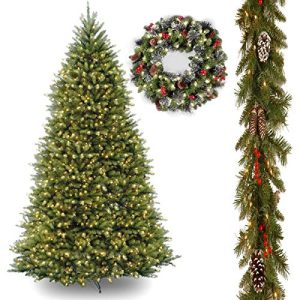 10' Dunhill Fir Hinged Tree with 9' x 10 Frosted Berry Garland includes Clear Lights and 24 Crestwood Spruce Wreath includes LED Lights