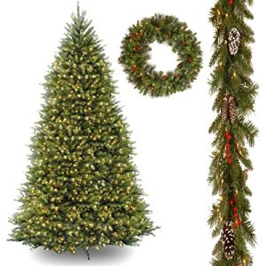 10' Dunhill Fir Hinged Tree with 9' x 10 Frosted Berry Garland includes Clear Lights and 30 Crestwood Spruce Wreath includes LED Lights