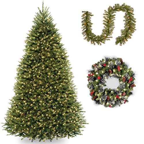 10' Dunhill Fir Hinged Tree with 9' x 10 Norwood Fir Garland include Clear Lights and 24 Crestwood Spruce Wreath includes LED Lights