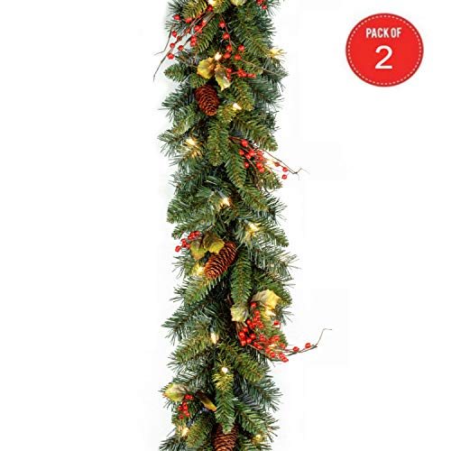 9' x10 Classical Collection Garland with Red Berries, Cones, Holly Leaves and 50 Clear Lights (Pack of 2)