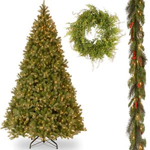 10' Feel-Real Downswept Douglas Hinged Tree with 9' x 10 Crestwood Spruce Garland includes Clear lights and Garden Accents 22 Hotag/Berry Wreath