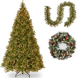 10' Feel-Real Downswept Douglas Hinged Tree with 9' x 10 Norwood Fir Garland  and 24 Crestwood Spruce Wreath includes LEDs & Clear Lights