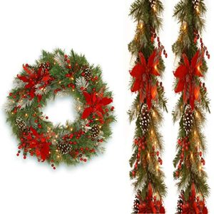 Pack of 2, 9' X 12 Decorative Collection Tartan Plaid Garland with 30 Decorative Collection Tartan Plaid Wreath includes LEDs