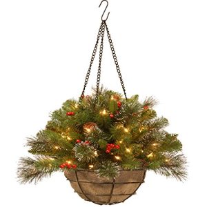 20 Crestwood Spruce Chain Hanging Basket with Silver Bristle, Cones, Red Berries, Glitter, Coconut Fiber in Basket and Battery Operated LED