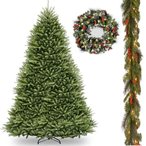 12' Dunhill Fir Hinged Tree with 9' x 10 Crestwood Spruce Garland includes Clear Lights and 24 Crestwood Spruce Wreath includes LED Lights