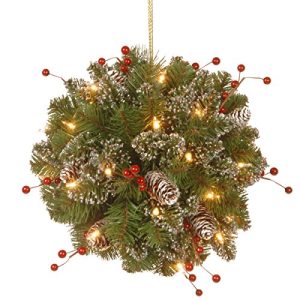 12 Glittery Mountain Spruce Kissing Ball with White Edged Cones, Red Berries and 35 Battery Operated Warm White LED Lights