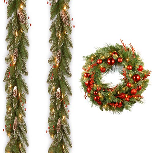 Pack of 2, 9' x 10 Glittery Mountain Spruce Garland include Clear Lights with 30 Decorative Collection Chritmas Red Mixed Wreaths include LEDs