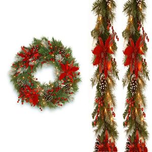 Pack of 2, 9'x12 Decorative Collection Christmas Red Mixed Garland with 30 Decorative Collection Tartan Plaid Wreath includes LEDs