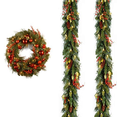 9' x10 Classical Collection Garland with 24 Decorative Collection Christmas Red Mixed Wreaths includes Clear Lights and LEDs with Timer