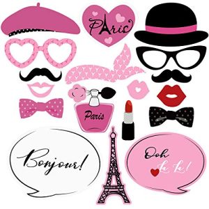 Amosfun 18PCS Paris Photo Booth Props Kit French Theme Photo Booth Props Ooh La La Paris Party Favors for Birthday Wedding Baby Shower Party Decoration Supplies