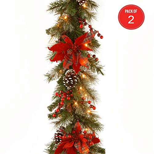 9' X 12 Decorative Collection Tartan Plaid Garland with Cones, Red Berries, Poinsettas and 50 Soft White Battery Operated LEDs with Timer (Pack of 2)