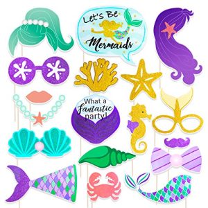 Amosfun Mermaid Photo Booth Props Kit Let's Be Mermaids Birthday Photo Booth Accessory Baby Shower Party Decoration Supplies,Pack of 18 (No DIY Needed)