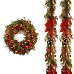 Pack of 2, 9' X 12 Decorative Collection Tartan Plaid Garland with 24 Decorative Collection Christmas Red Mixed Wreaths includes LEDs