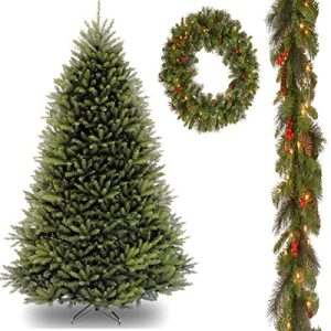 10' Dunhill Fir Tree with 9' x 10 Crestwood Spruce Garland includes Clear Lights and 30 Crestwood Spruce Wreath includes LED Lights