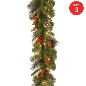 9' x 10 Crestwood Spruce Garland with Silver Bristle, Cones, Red Berries and Glitter with 50 Battery Operated Soft White LED Lights- (Pack of 3)