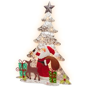 16 White Wire Single Sided X'mas Tree with Santa & Deer & 9Warm White Battery Operated Indoor LED Lights
