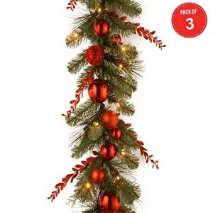 9'x12 Decorative Collection Christmas Red Mixed Garland with 50 Soft White Battery Operated LEDs with Timer (Pack of 3)